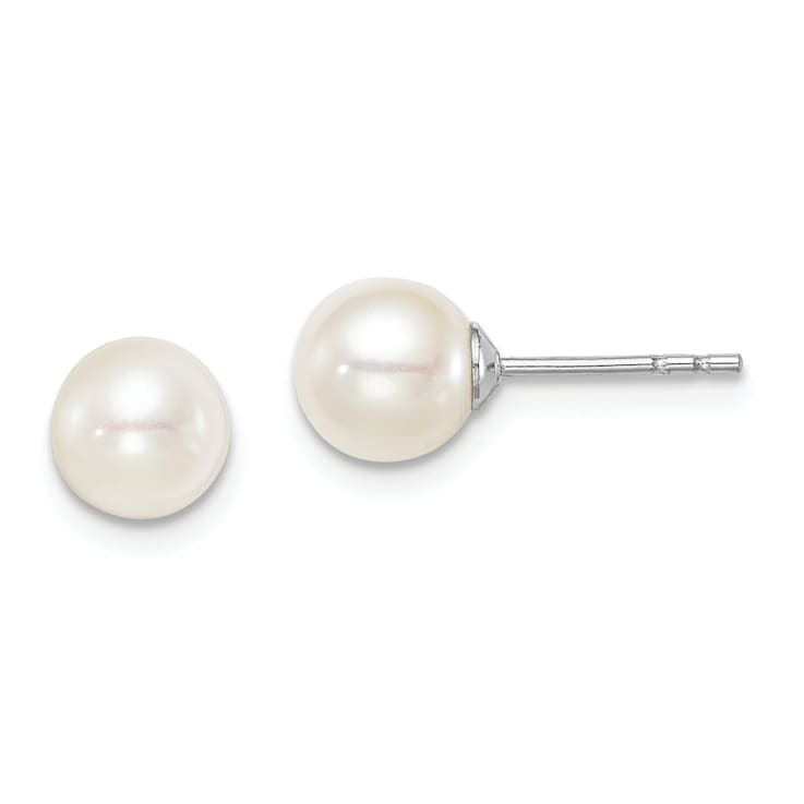 Rhodium Over Sterling Silver 6-7mm White Round FWC Pearl Stud Earrings