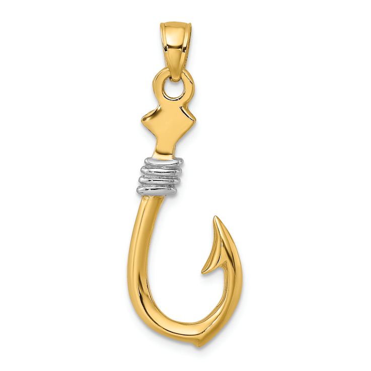 14K Two-tone Gold  3D Fish Hook with Rope Charm