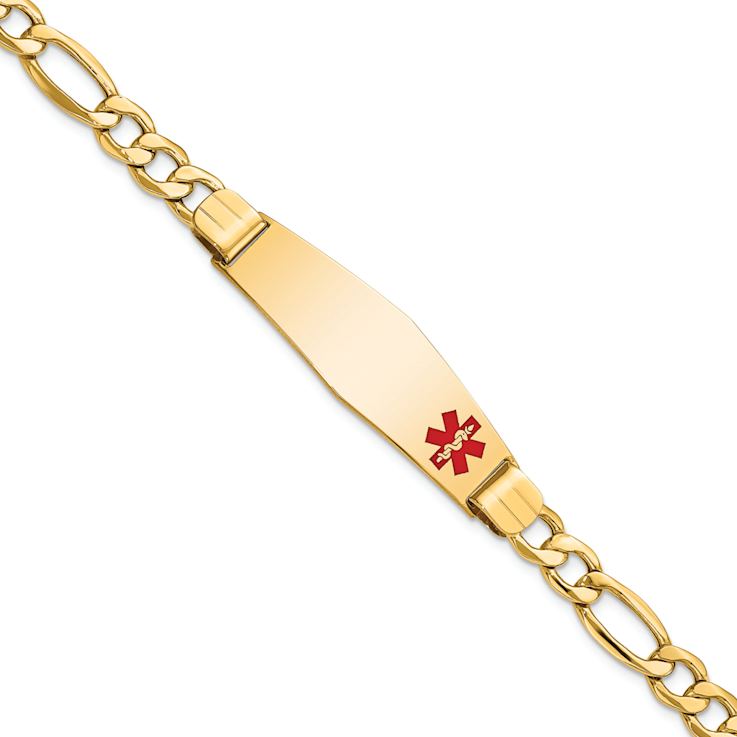 10k Yellow Gold Medical Soft Diamond Shape Red Enamel Figaro Link ID Bracelet
