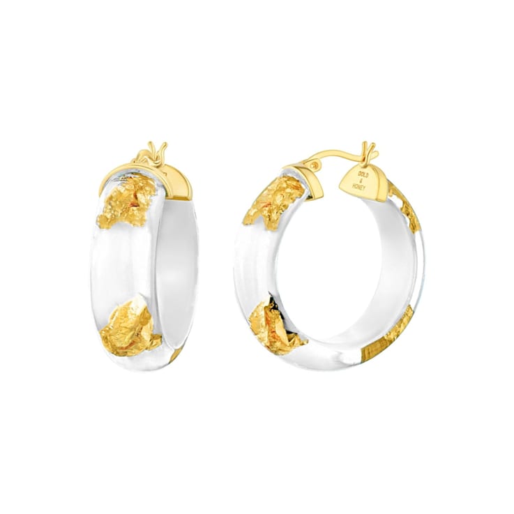 14K Yellow Gold Over Sterling Silver Mini Gold Leaf Acrylic Hoops in White