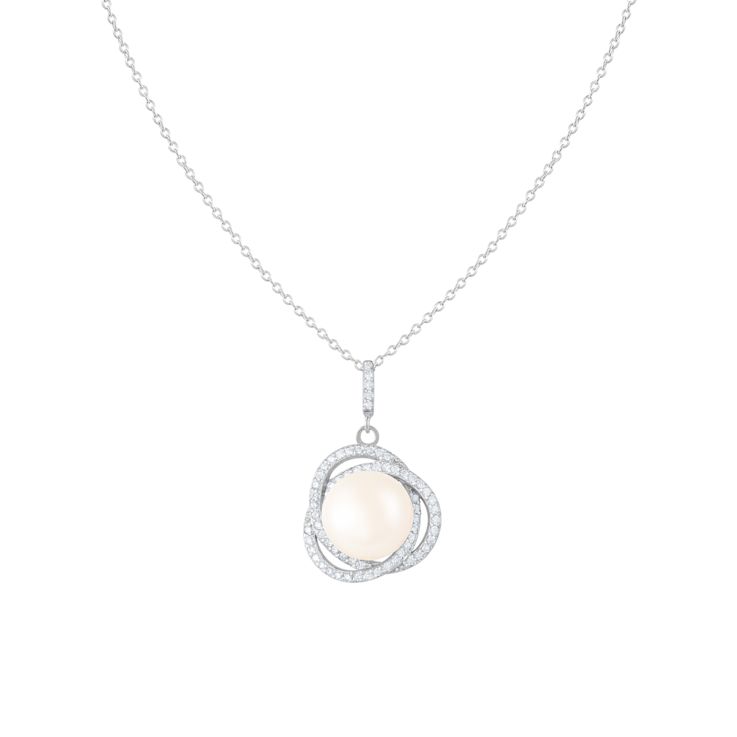 11-12mm Button White Cultured Freshwater Pearl and CZ Rhodium Over
Sterling Silver Pendant