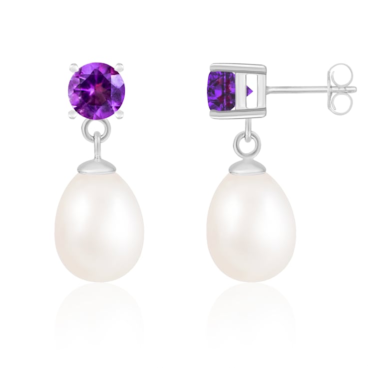 White Freshwater Pearl And Amethyst Dangle Earrings In Sterling Silver
