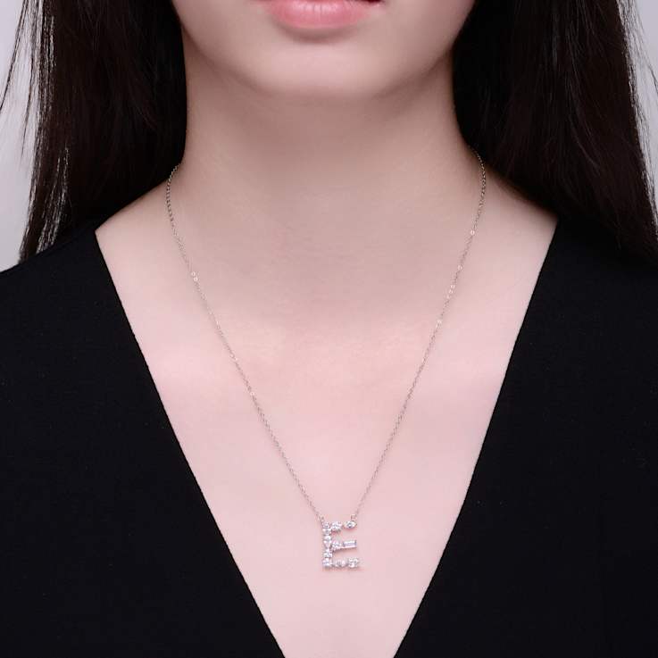 Initial E Mixed Cut CZ Pendant Necklace In Sterling Silver 18 Inch