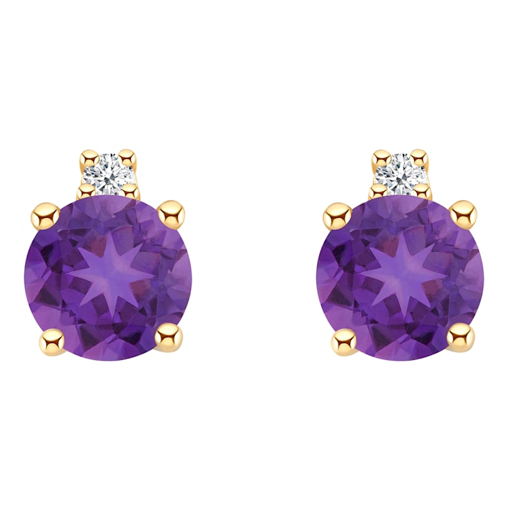 4mm Round Amethyst with Diamond Accents 14k Yellow Gold Stud Earrings