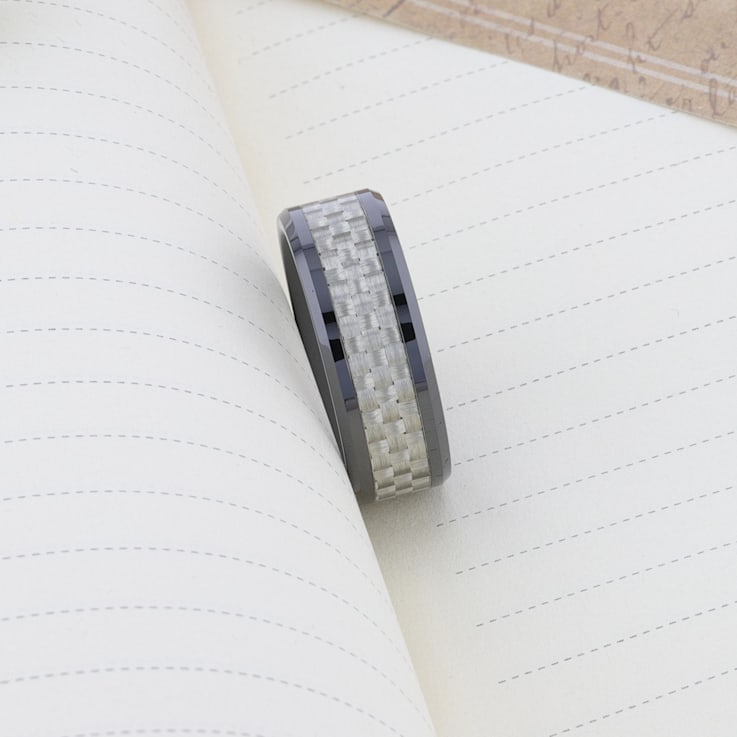 MYSTIQUE Beveled White Carbon Fiber Inlaid Ceramic Ring 8mm