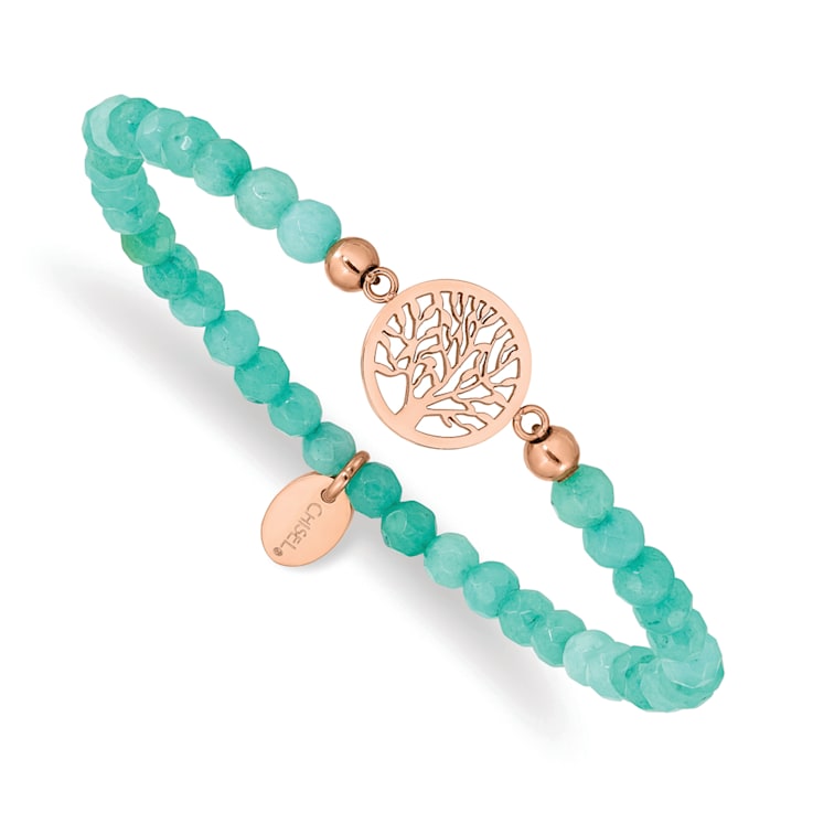 Stainless Steel Rose Gold Tree of Life Mint Green Jade Stretch Bracelet