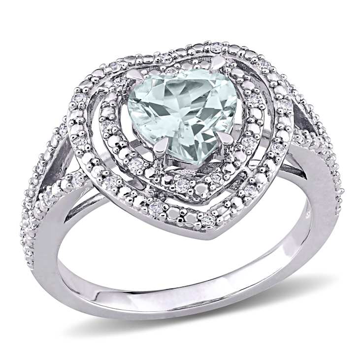 Aquamarine and Diamond 10K White Gold Halo Heart Ring 1.68ctw