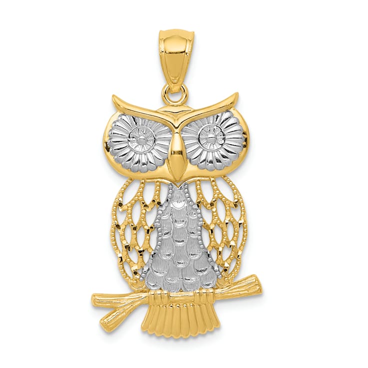 14K Two-tone Gold Diamond-cut Polished Moveable Owl Pendant