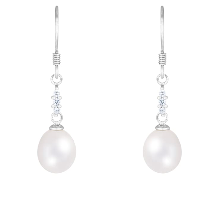 White Cultured Freshwater Pearl and Cubic Zirconia Rhodium Over Sterling
Silver 7-8mm Drop Earrings
