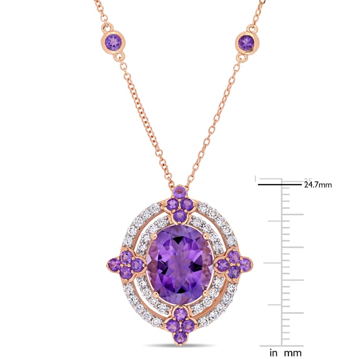 African Amethyst and Diamond 14K Rose Gold Halo Necklace 5.50ctw