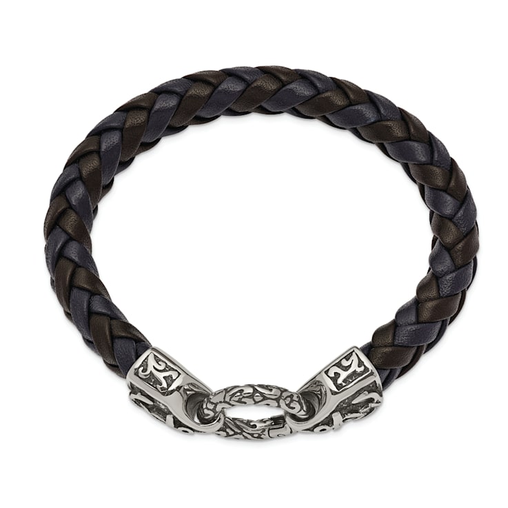 Black and Blue Leather and Stainless Steel Antiqued and Polished
8.25-inch Bracelet