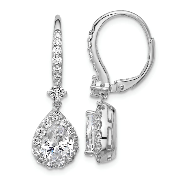 Rhodium Over Sterling Silver Pear Cubic Zirconia Halo Dangle Leverback Earrings
