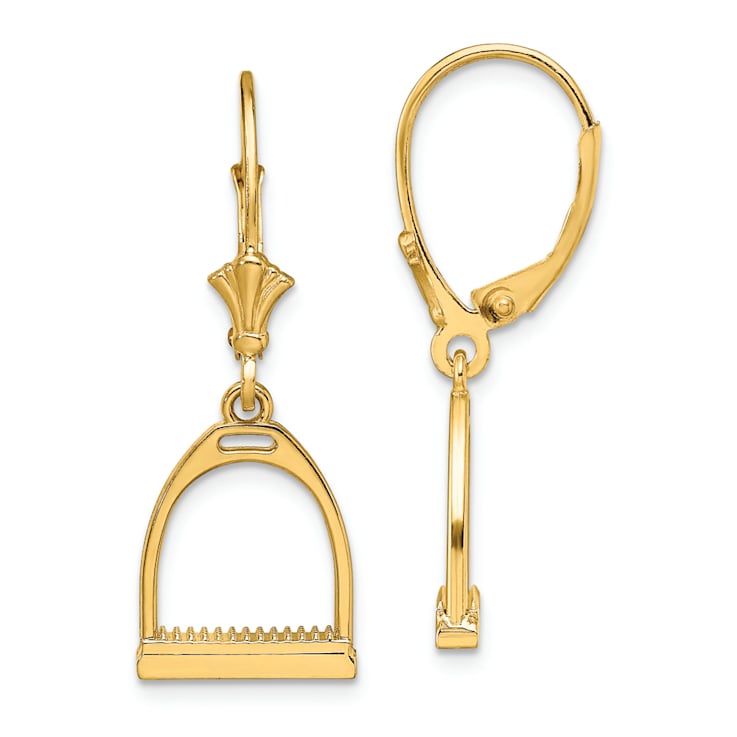14k Yellow Gold 3D Small Horse Stirrup Dangle Earrings