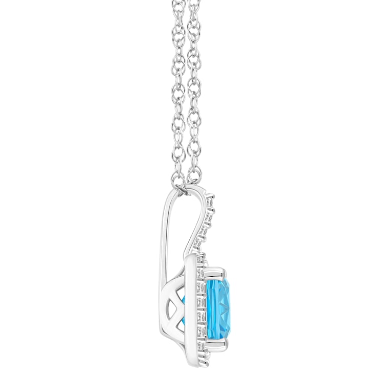 7mm Cushion Blue Topaz 1/6 ctw Diamond Rhodium Over Sterling Silver Halo
Pendant with Chain