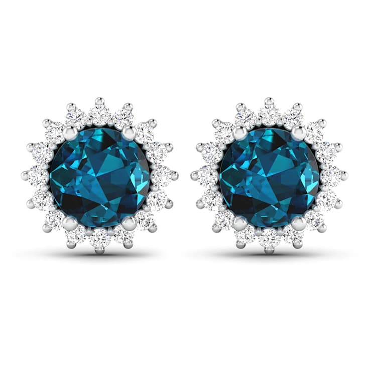 1.60ctw 14K White Gold London Blue Topaz  Topaz and White Diamond Halo Earrings