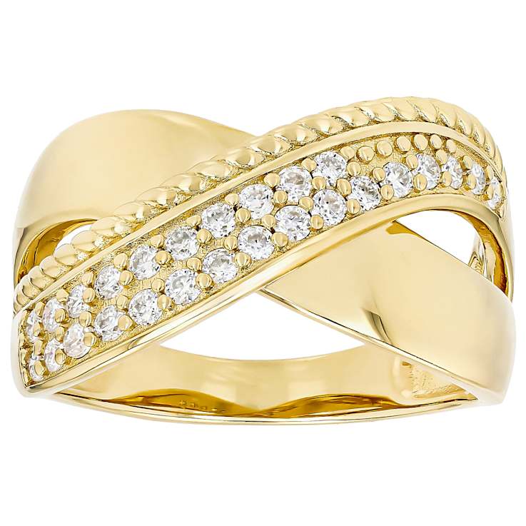 Moissanite Crossover Band Ring In 14K Gold Over Sterling Silver