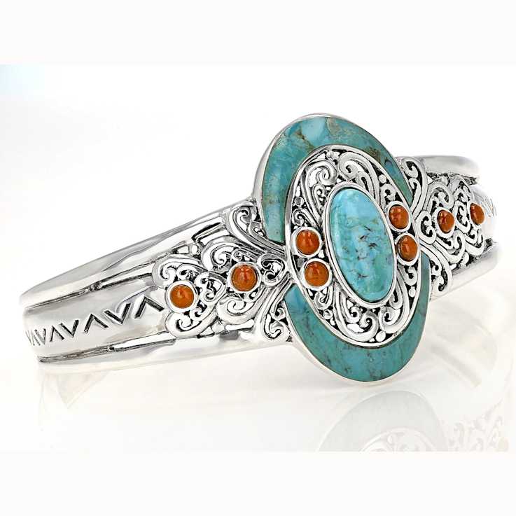 Turquoise And Coral Oxidized Cuff Bracelet In Sterling Silver 16x8mm