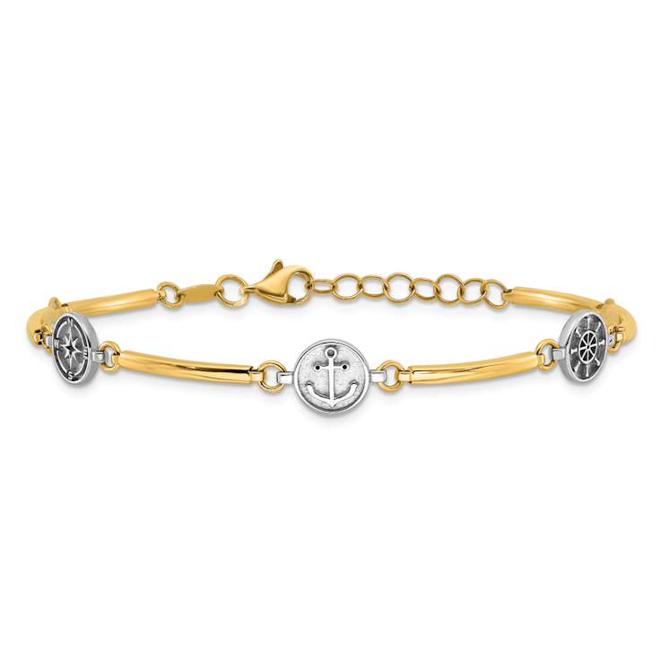 14K Two-tone Gold Polished Compass and Anchor Link Bracelet