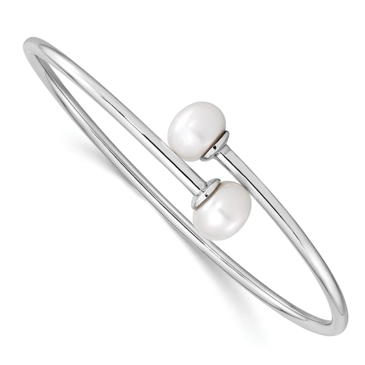 Rhodium Over Sterling Silver 9-10mm White Freshwater Cultured Pearl
Flexible Cuff Bangle
