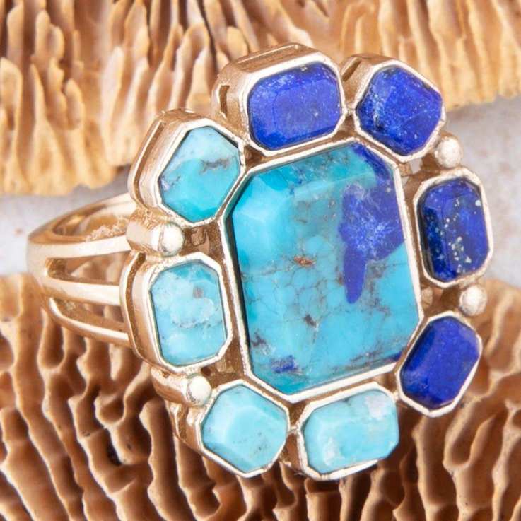 Barse Jewelry Blue Lapis Lazuli and Composite Turquoise Gold Tone
Duality Statement Ring