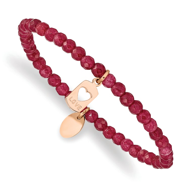 Rose Stainless Steel Polished LOVE Red Jade Stretch Bracelet