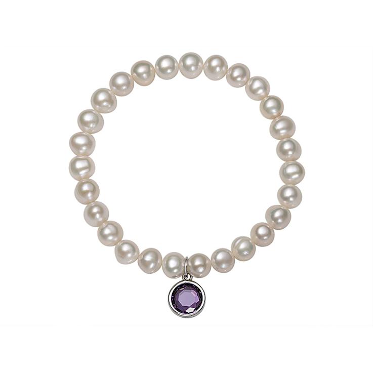 Freshwater Pearl And Purple CZ Charm Stretch Bracelet In Sterling Silver