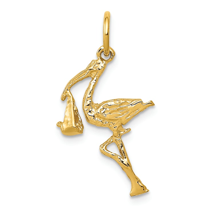 14k Yellow Gold Textured Solid Stork Charm Pendant