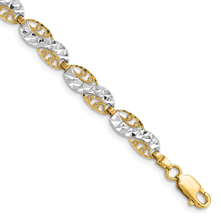 14k Yellow Gold and Rhodium Over 14k Yellow Gold Diamond-Cut Filigree
Link Bracelet