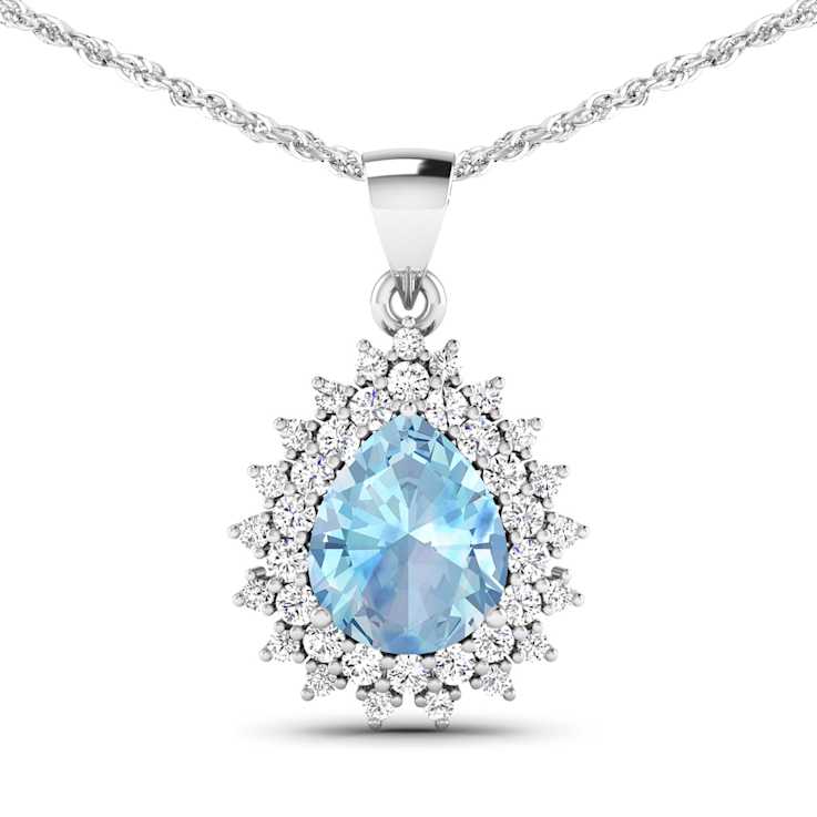 2.30ctw 14K White Gold Pear  Aquamarine and White Diamond Pendant with
18 inch Cable Chain