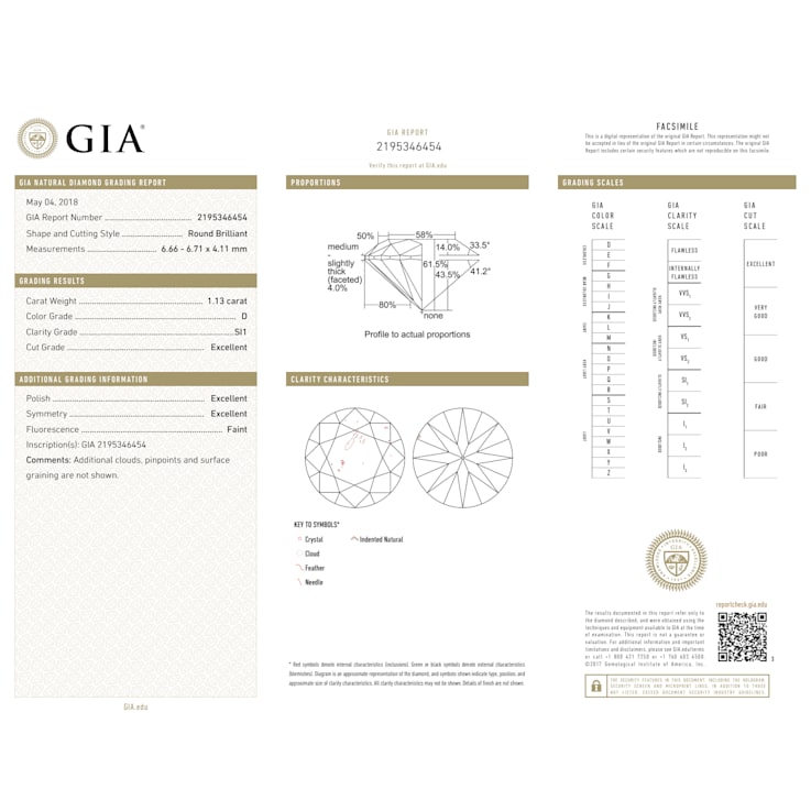 1.13ct Natural White Diamond Round, D Color, SI1 Clarity, GIA Certified