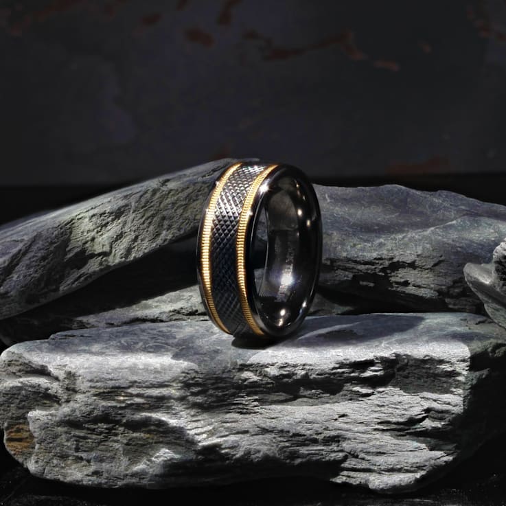 BAROQUE Black Titanium Diamond Pattern Brushed Finish Men’s Wedding Ring
with Milgrain Grooves 8mm