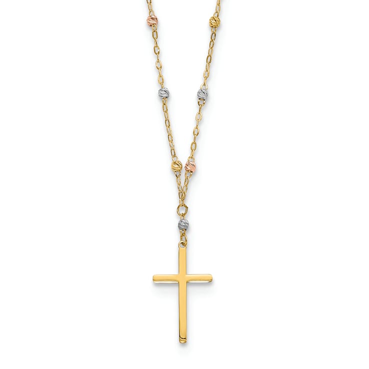 14K Yellow, White and Rose Gold Diamond-cut Beaded Polished Cross Necklace