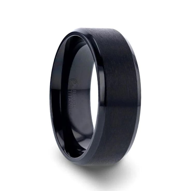 ELYSIAN Black Titanium Ring with Polished Beveled Edges and Brush
Finished Center 8mm