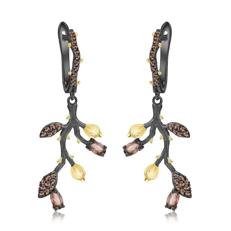 Smoky Quartz Black Rhodium Over Sterling Silver Leaf Earrings