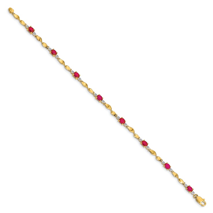 14k Yellow Gold and Rhodium Over 14k Yellow Gold Diamond and Oval Ruby Bracelet