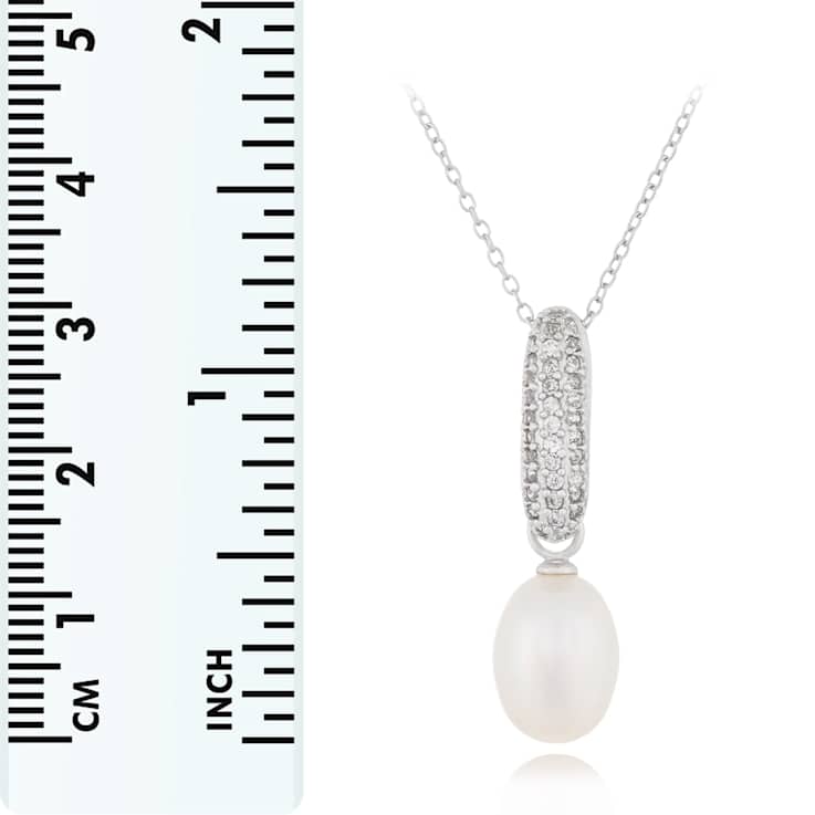 8-9mm Drop White Cultured Freshwater Pearl and CZ Rhodium Over Sterling
Silver Pendant