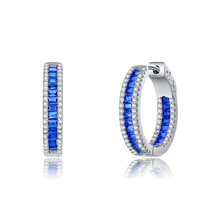 Sapphire Color CZ Hoop Earrings In Sterling Silver