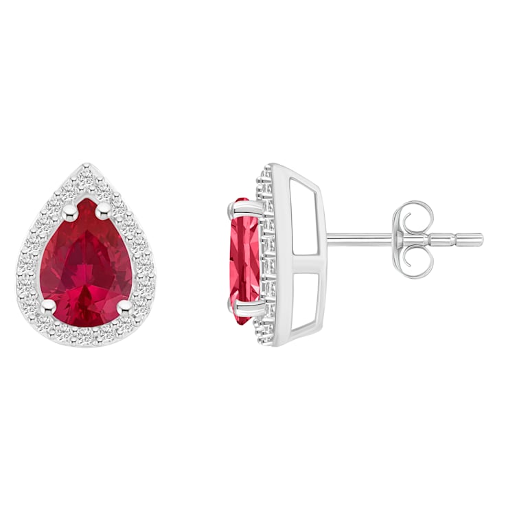 7x5mm Pear Shape Created Ruby And Created White Sapphire 10k White Gold
Halo Stud Earrings