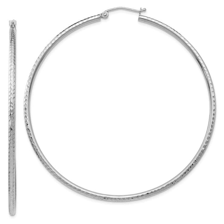 Rhodium Over 14k White Gold 2 3/8" Diamond-Cut Round Tube Hoop Earrings