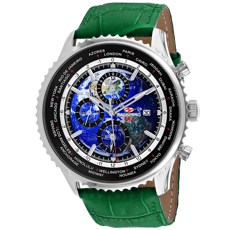 Seapro Men's Meridian World Timer GMT Blue Dial, Black Bezel, Green
Leather Strap Watch