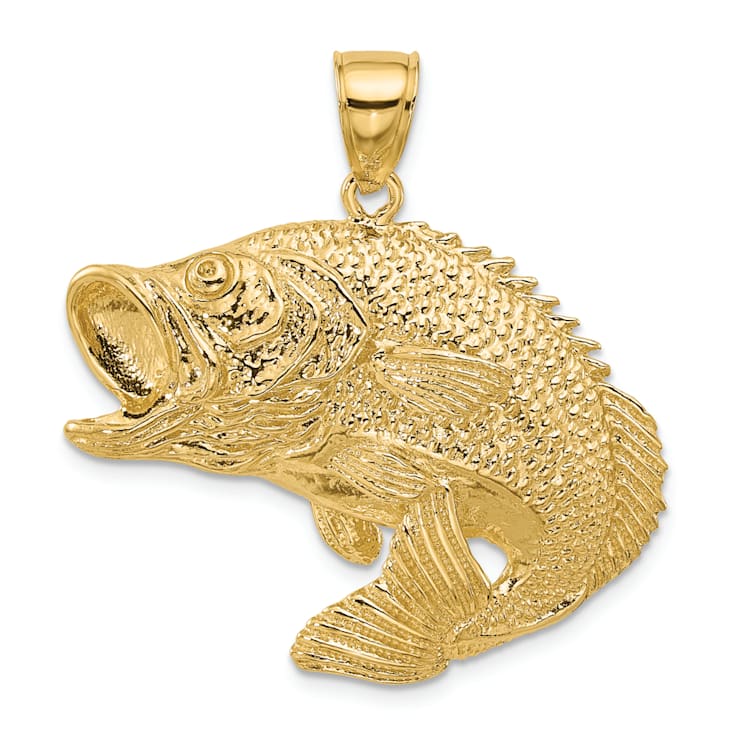 14k Yellow Gold 2D Textured Bass Fish Jumping Charm