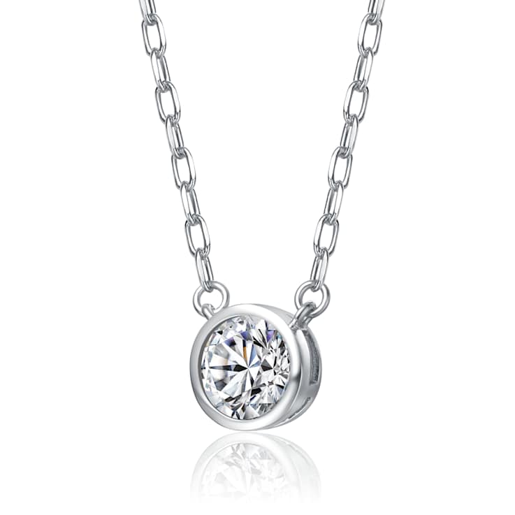 CZ Bezel-Set Pendant Necklace in Rhodium Over Brass
