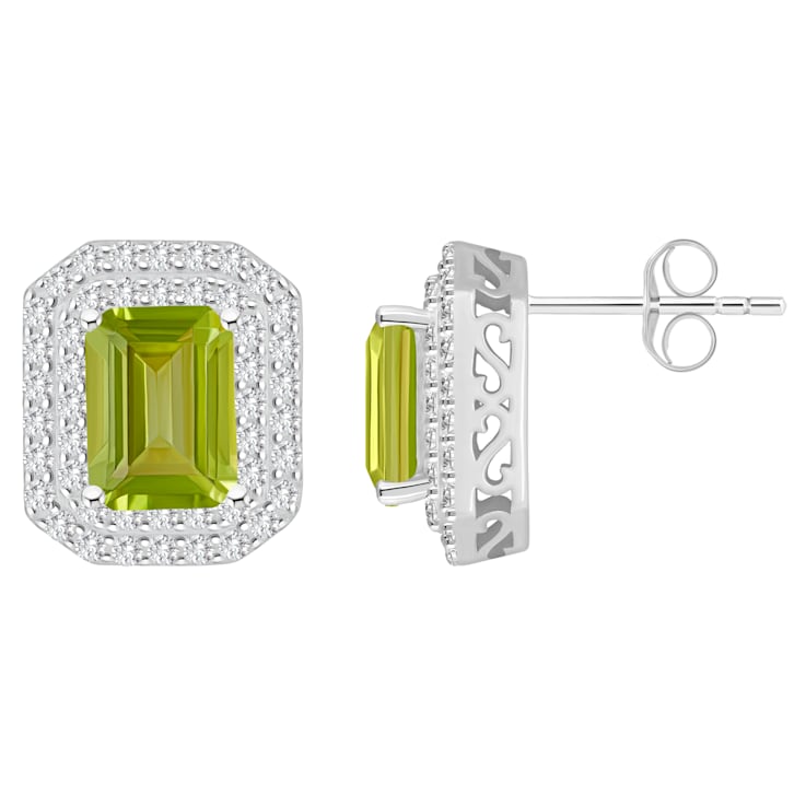 8x6mm Emerald Cut Peridot And White Topaz Accent Rhodium Over Sterling
Silver Double Halo Earrings