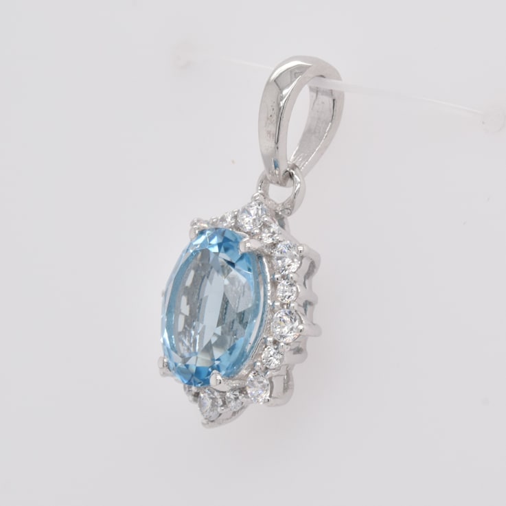 2.07ctw Oval Swiss Blue Topaz and Cubic Zirconia Rhodium Over Sterling
Silver Pendant