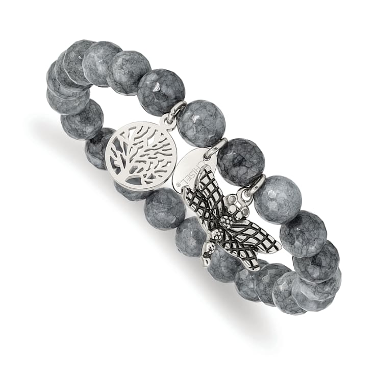 Stainless Steel Antiqued and Polished Dragonfly Grey Dyed Jade Bracelet