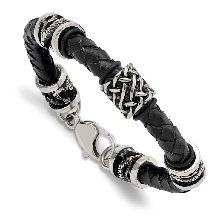 Stainless Steel Antiqued and Polished Dragon Black Braided Leather Bracelet