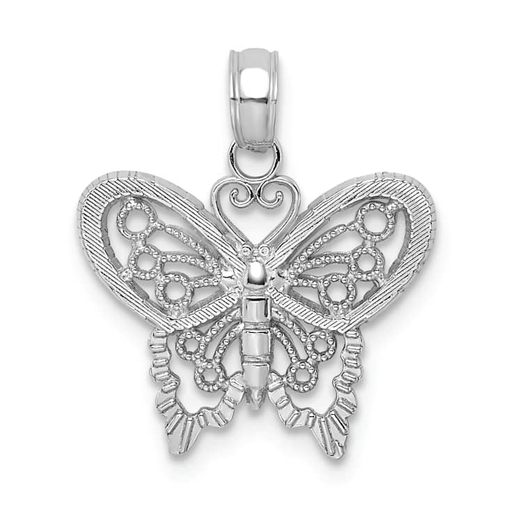 Rhodium Over 10K White Gold Polished and Textured Butterfly Charm