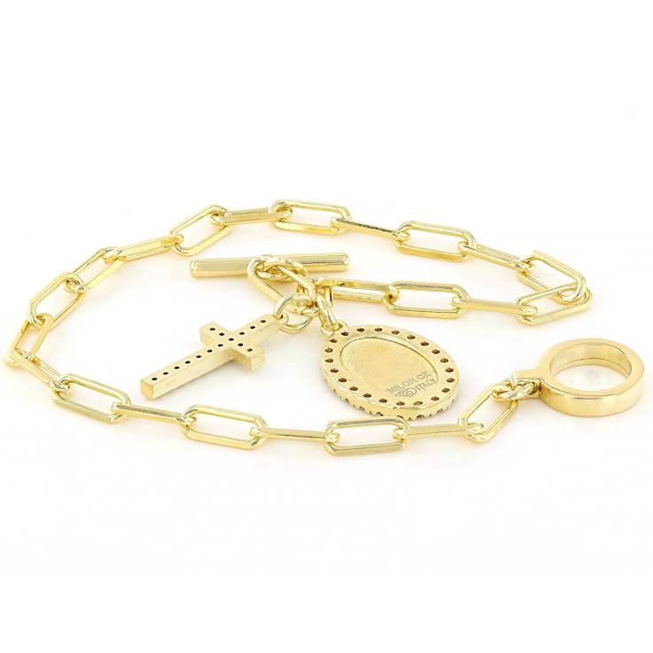 Paperclip Link Bracelet With Cross And Saint CZ Charms In 18K Gold Over
Sterling Silver