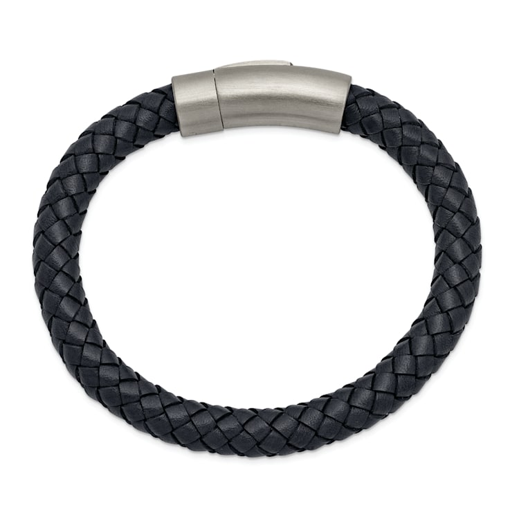Gray Leather and Stainless Steel Brushed 8.25-inch Bracelet