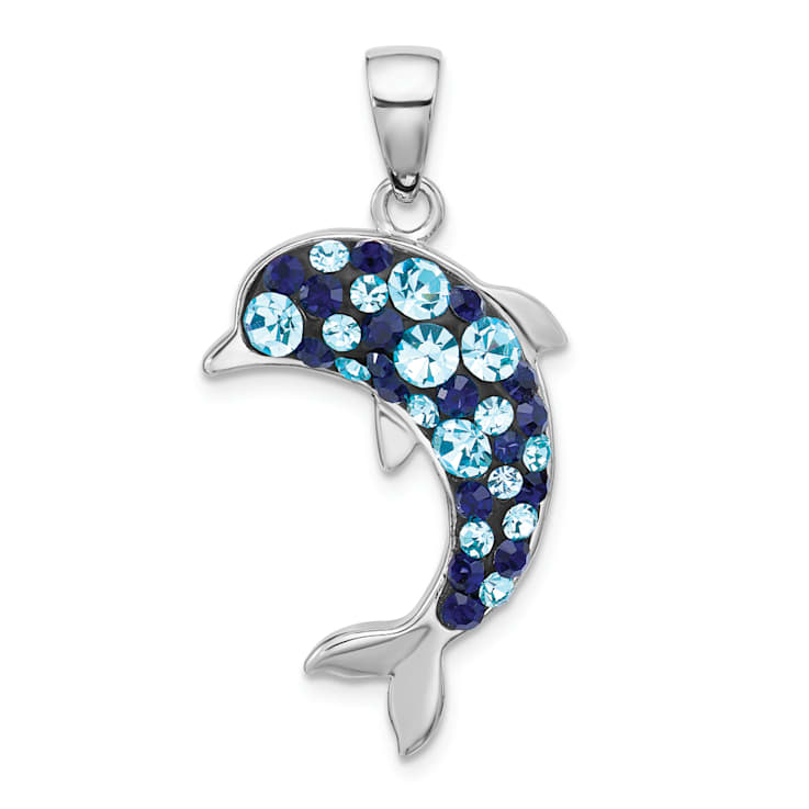 Rhodium Over Sterling Silver Polished Crystal Dolphin Pendant